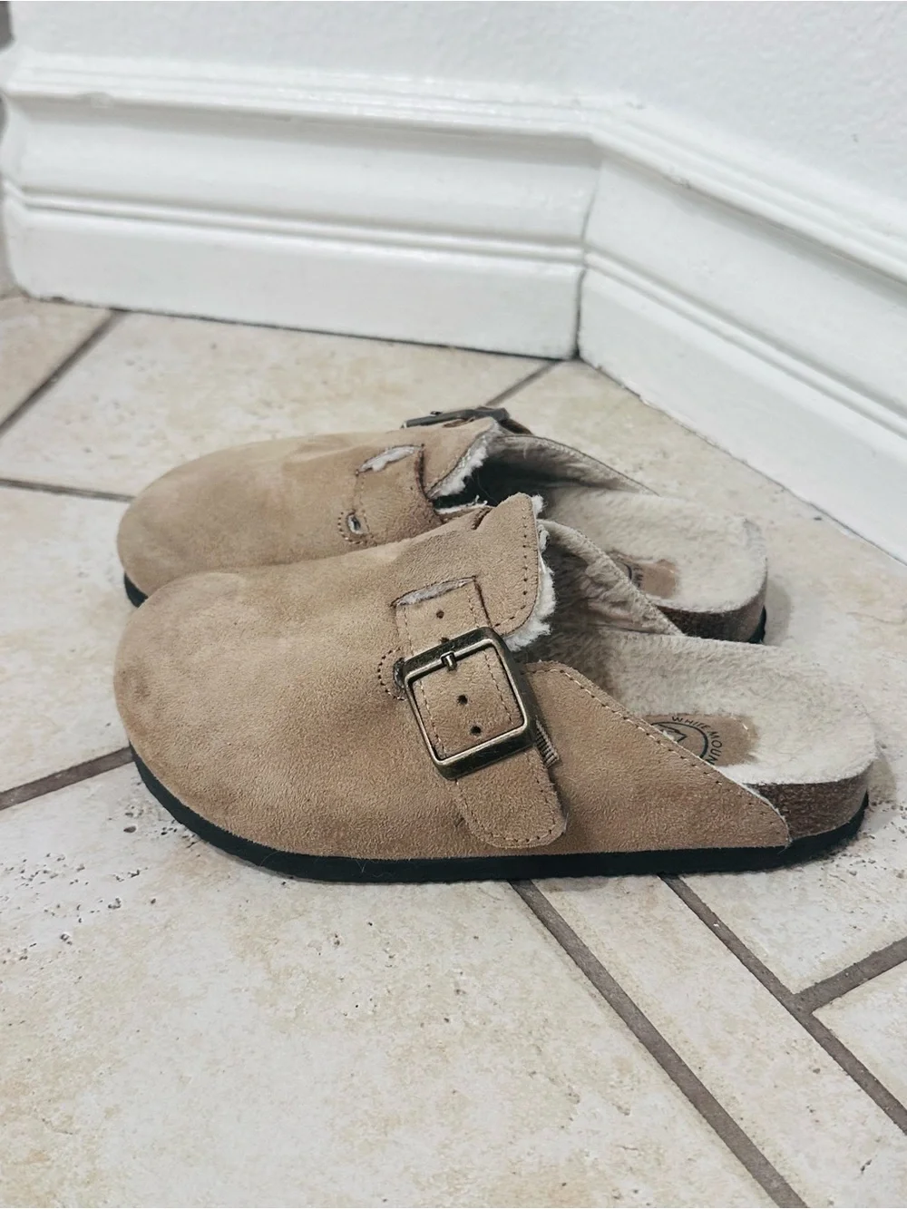 White Mountain Kids Suede Buckle Clog Slippers in Tan